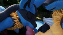 Two Lucarios together get blowjob in forest